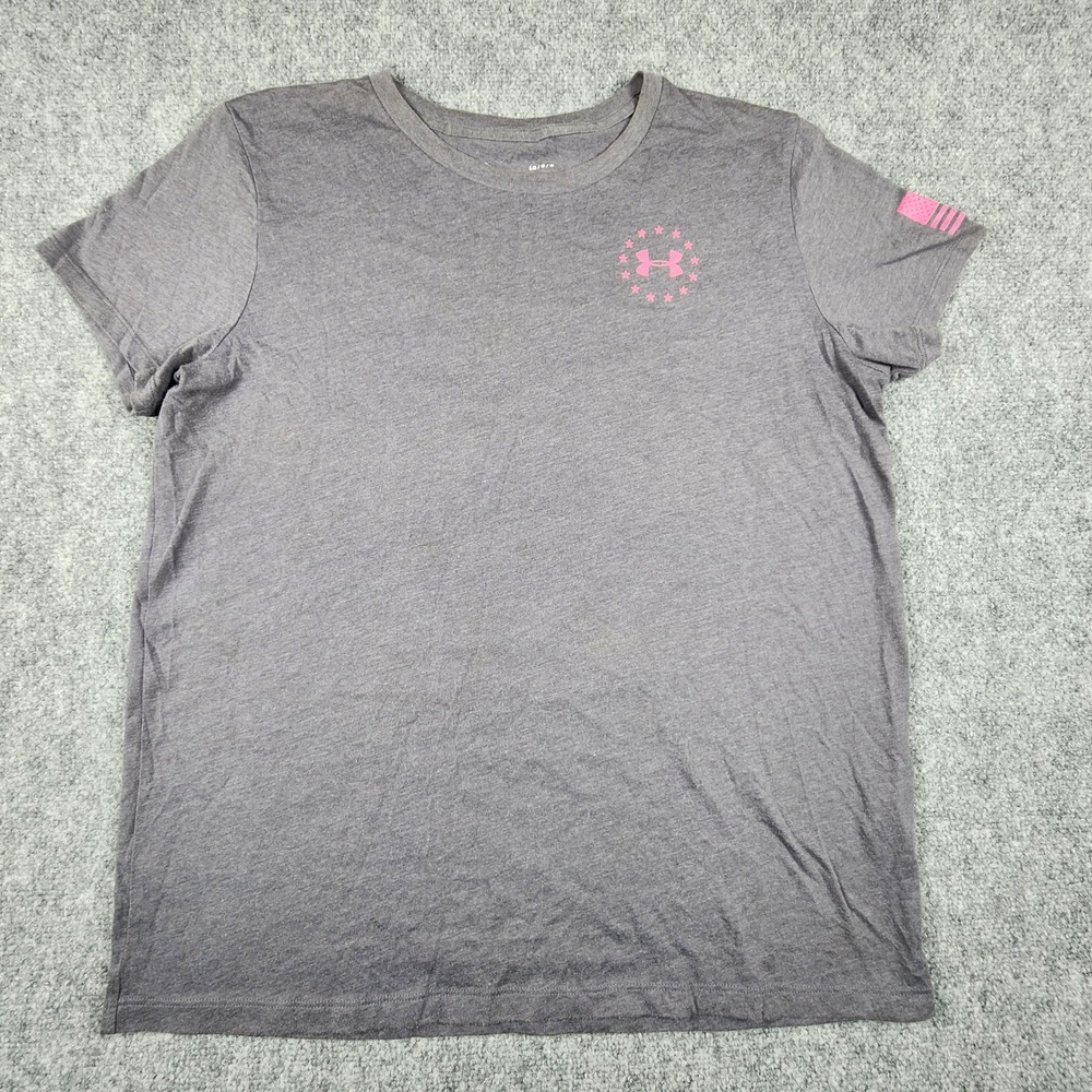 Under Armour Freedom Classic Tee Womens Large Gray Pink Flag Graphic T-Shirt